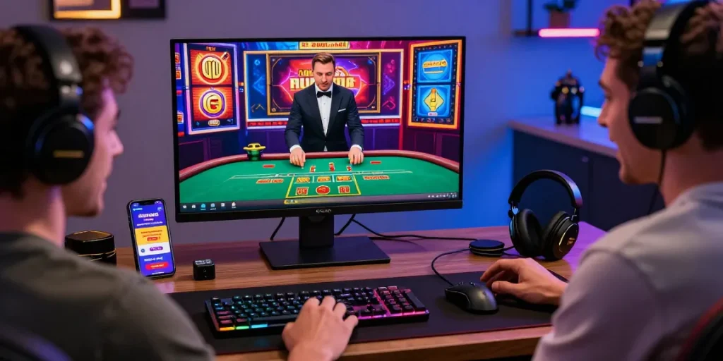 Exciting online gambling moment at cocomaya.co.uk with a player enjoying live dealer games and vibrant slot graphics.