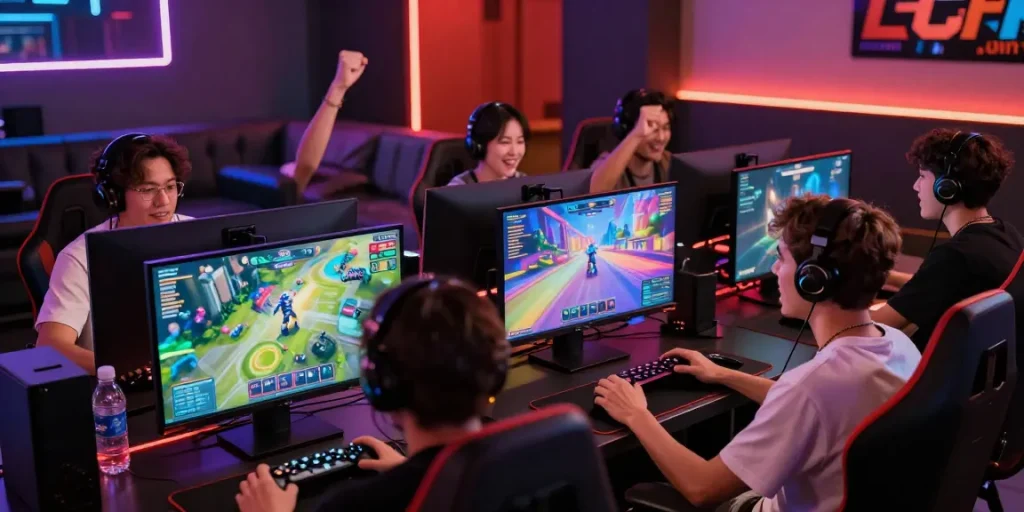 Exciting gaming atmosphere with diverse players enjoying rokok88 games in a vibrant lounge setting.
