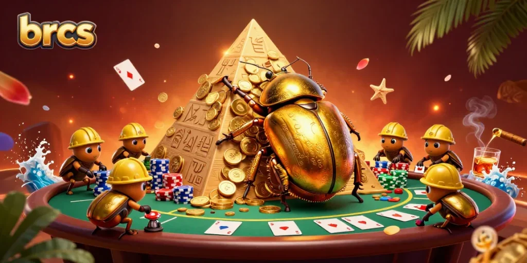 Experience thrilling action in brcs's vibrant casino illustration, featuring dynamic golden beetles and poker elements.