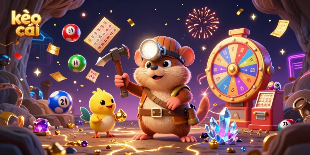Experience thrilling kèo nhà cái excitement with a treasure hunting mole and lottery elements in a vibrant scene.