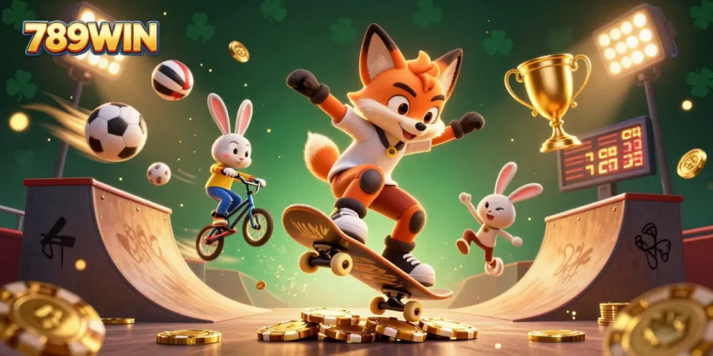 Engage with 789WIN's exciting gaming scene featuring a skateboarder fox and BMX rabbit in a vibrant casino.
