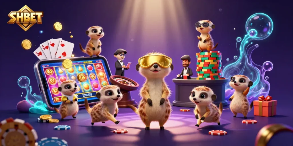 Engage with SHBET in a vibrant casino scene featuring meerkats operating games and sneaking chips.
