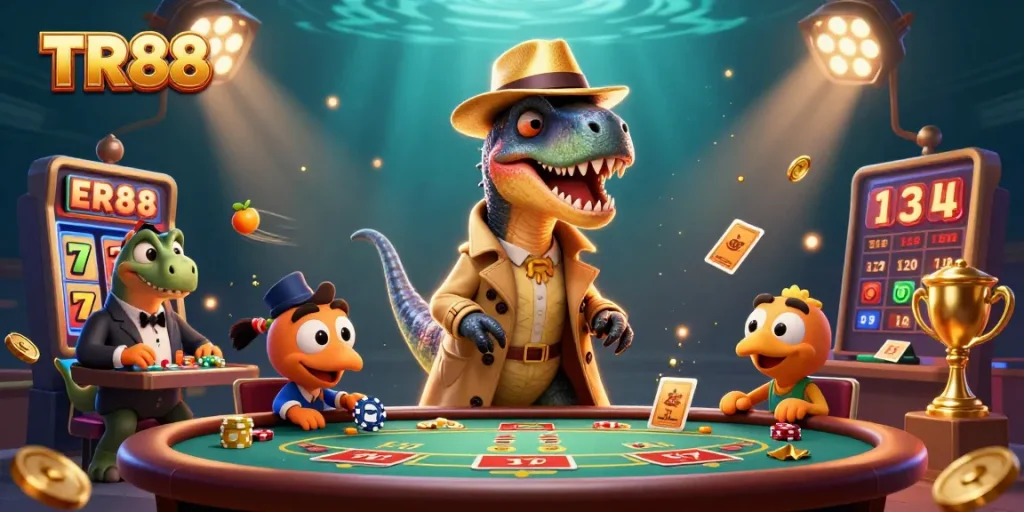 Win big with TR88 at an exciting online casino illustrated with dynamic characters and slots.
