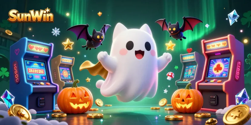Experience exciting gameplay at SunWin with a friendly ghost cat, bat companion, and glowing poker-themed jack-o-lanterns.