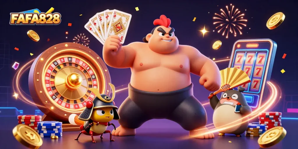 Experience big wins with FAFA828 in a vibrant casino scene featuring dynamic characters and thrilling game elements.