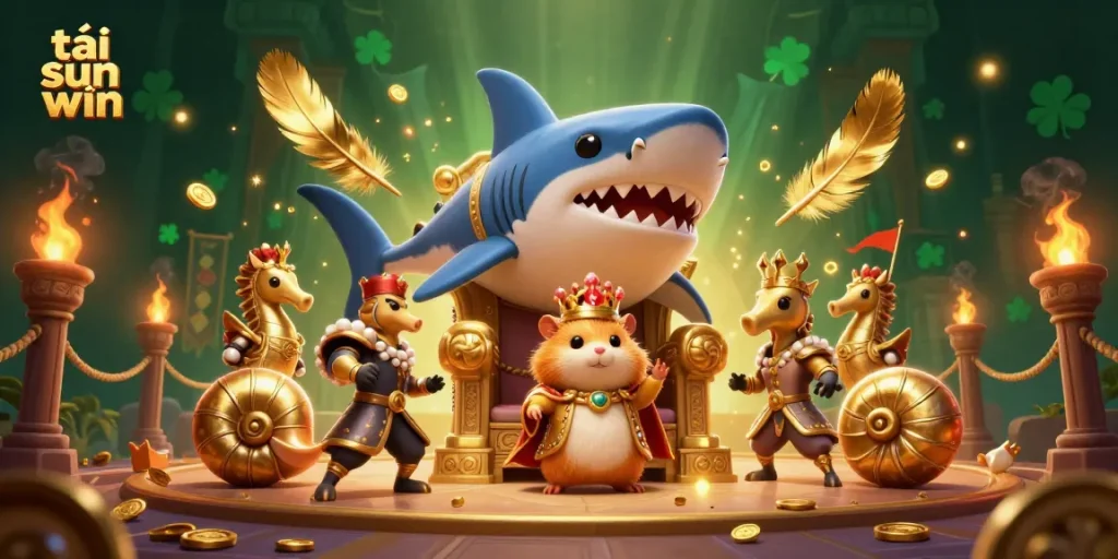 Experience the excitement of tải sun win with a fierce hamster king in a dynamic casino-themed 3D illustration.
