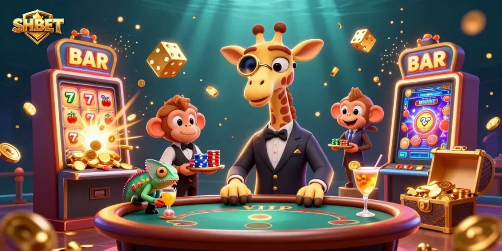 Engage at SHBET's lively casino with a high-roller giraffe, monkey valet, and chameleon bartender.