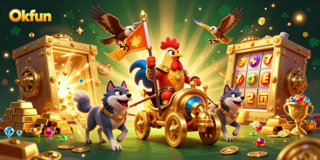Engage with Okfun games featuring a dynamic scene with cartoon characters amidst rich casino treasures.