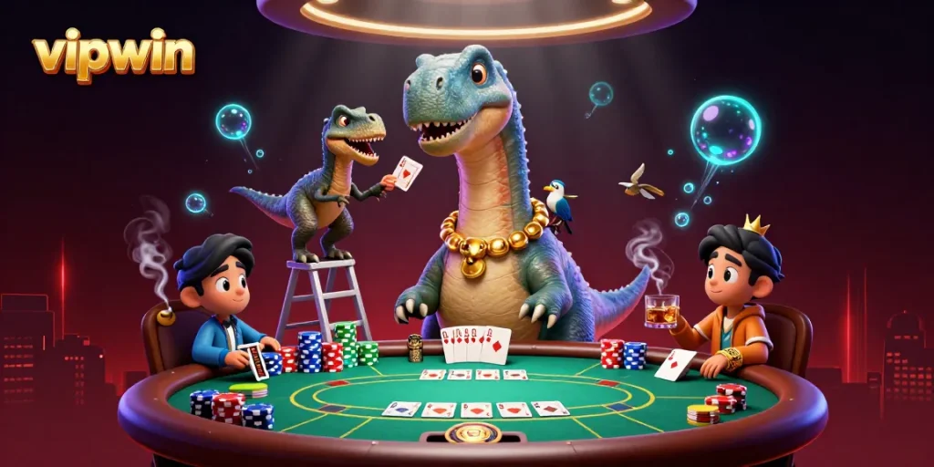 Experience thrilling moments at vipwin with a giant brontosaurus watching over an exciting poker table.