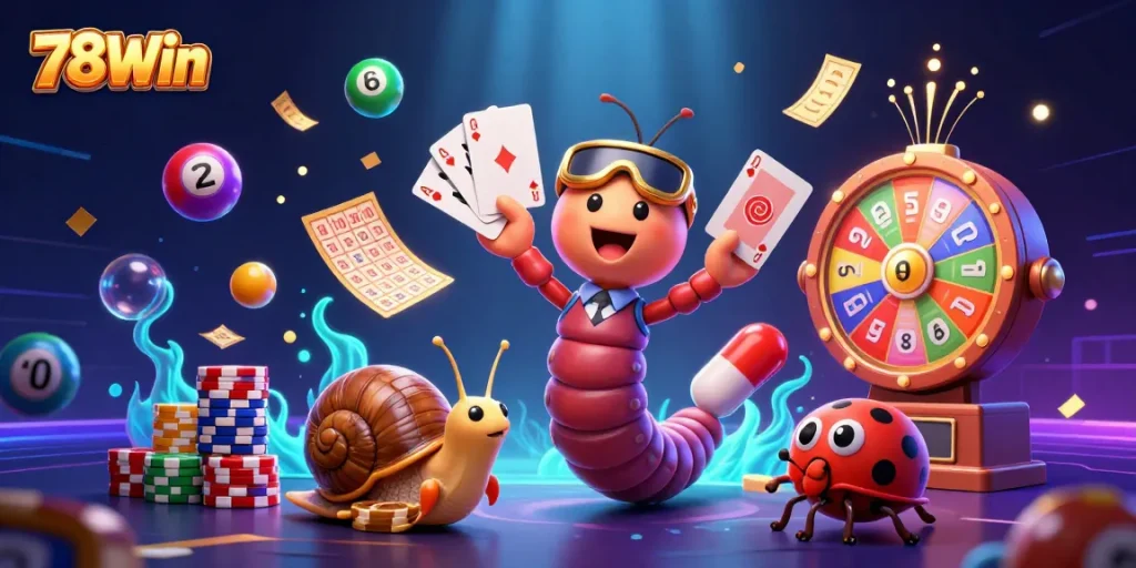 Experience 78Win's vibrant gaming scene with colorful characters, lottery balls, and thrilling casino action.
